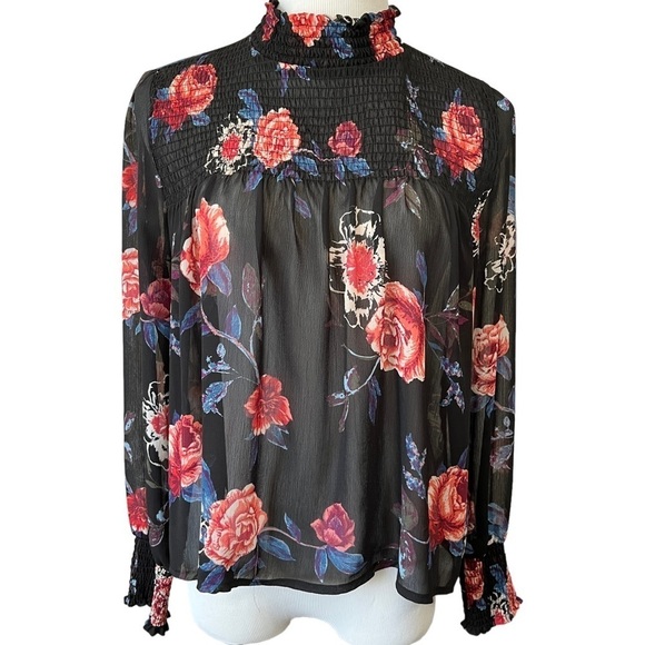 About a Girl Sheer Floral Smocked High Neck Blouse Size Medium - Picture 1 of 11